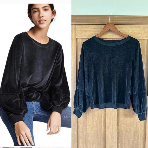 Sweaters - Nation LTD. Kiera Black Velvet Lantern Puff Sleeve Slouchy Crewneck Top sz Small
